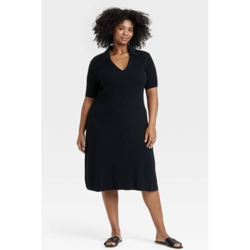 NEW Ava & Viv Plus Size Black Short Sleeve‎ Midweight Midi Sweater Dress, 3X